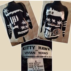 Vintage Kitty Hawk by Vivian Wang SMALL black and white holiday sweater.